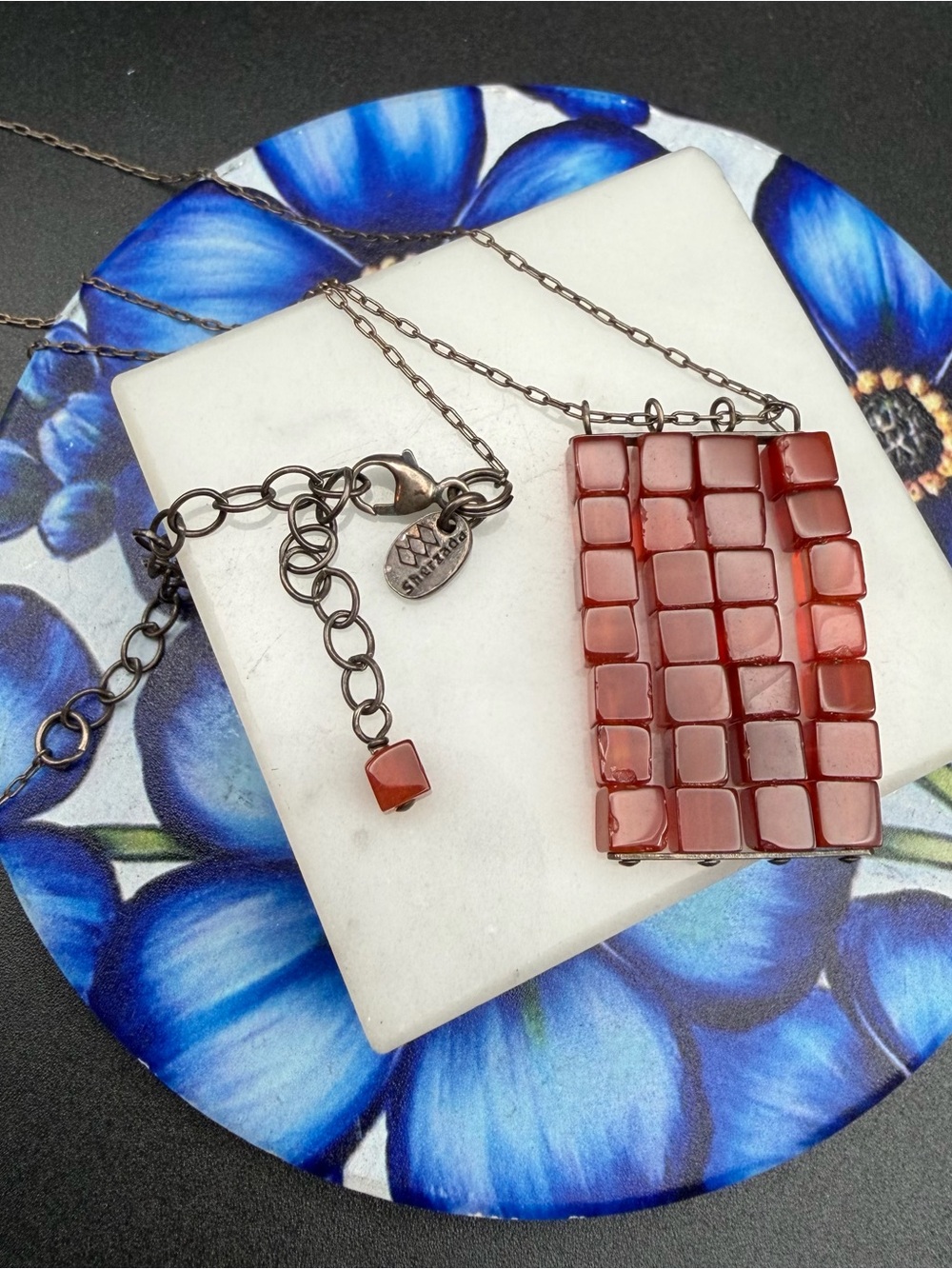 Sherzada 925 Sterling mg silver stone grid necklace #714. Appx 15-18”